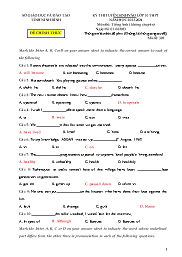 Kỳ thi tuyển sinh vào Lớp 10 THPT môn Tiếng Anh - Năm học 2023-2024 - Sở GD&ĐT Ninh Bình (Có đáp án)