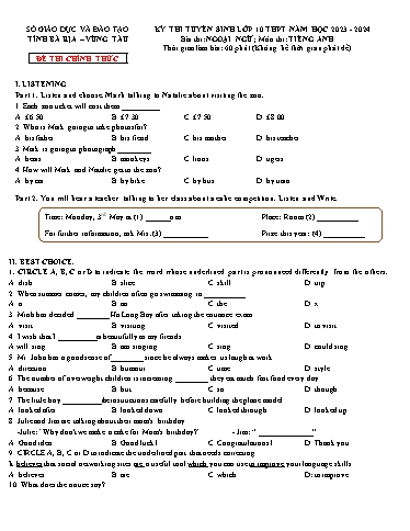 Kỳ thi tuyển sinh vào Lớp 10 THPT môn Tiếng Anh - Năm học 2023-2024 - Sở GD&ĐT Bà Rịa Vũng Tàu (Có đáp án)