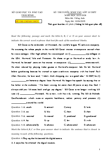 Kỳ thi tuyển sinh vào Lớp 10 THPT môn Tiếng Anh - Năm học 2023-2024 - Sở GD&ĐT Thái Bình (Có đáp án)