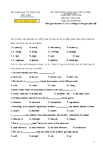 Kỳ thi tuyển sinh vào Lớp 10 THPT môn Tiếng Anh - Năm học 2023-2024 - Sở GD&ĐT Phú Thọ (Có đáp án)