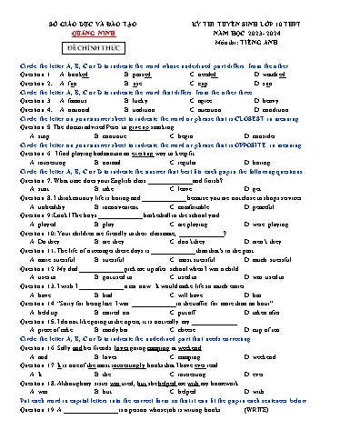 Kỳ thi tuyển sinh vào Lớp 10 THPT môn Tiếng Anh - Năm học 2023-2024 - Sở GD&ĐT Quảng Ninh (Có đáp án)