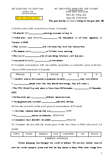 Kỳ thi tuyển sinh vào Lớp 10 THPT môn Tiếng Anh - Năm học 2023-2024 - Sở GD&ĐT Long An (Có đáp án)