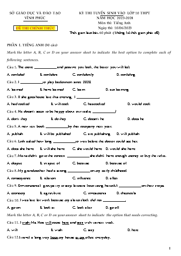 Kỳ thi tuyển sinh vào Lớp 10 THPT môn Tiếng Anh - Năm học 2023-2024 - Sở GD&ĐT Vĩnh Phúc (Có đáp án)