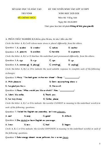 Kỳ thi tuyển sinh vào Lớp 10 THPT môn Tiếng Anh - Năm học 2023-2024 - Sở GD&ĐT Trà Vinh (Có đáp án)
