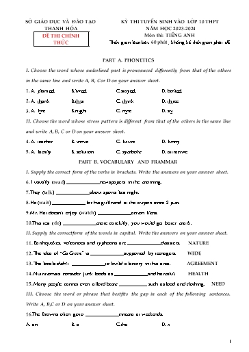 Kỳ thi tuyển sinh vào Lớp 10 THPT môn Tiếng Anh - Năm học 2023-2024 - Sở GD&ĐT Thanh Hóa (Có đáp án)
