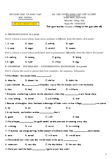 Kỳ thi tuyển sinh vào Lớp 10 THPT môn Tiếng Anh - Năm học 2023-2024 - Sở GD&ĐT Sóc Trăng (Có đáp án)