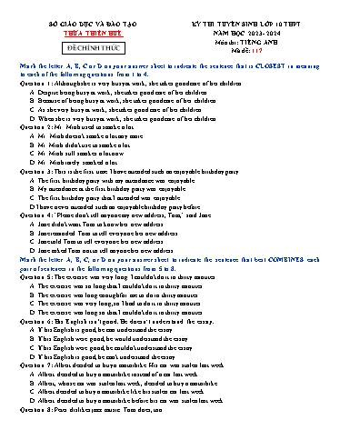 Kỳ thi tuyển sinh vào Lớp 10 THPT môn Tiếng Anh - Năm học 2023-2024 - Sở GD&ĐT Thừa Thiên Huế (Có đáp án)