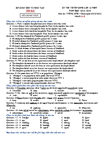 Kỳ thi tuyển sinh vào Lớp 10 THPT môn Tiếng Anh - Năm học 2023-2024 - Sở GD&ĐT Yên Bái (Có đáp án)