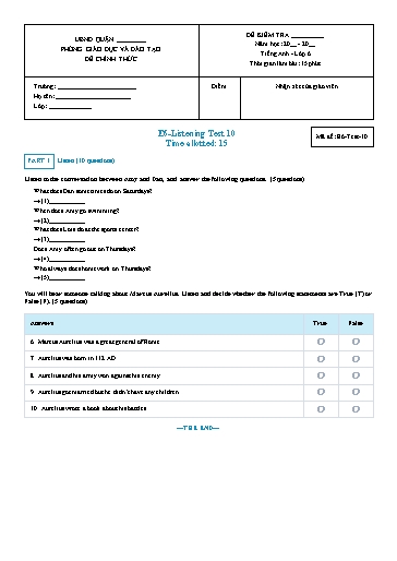 Luyện nghe Tiếng Anh Lớp 6 Global Success - Mã đề: E6-Test-10 (Có file nghe và đáp án)