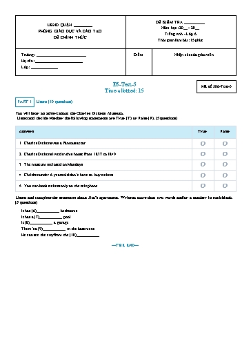 Luyện nghe Tiếng Anh Lớp 6 Global Success - Mã đề: E6-Test-5 (Có file nghe và đáp án)