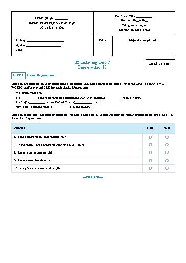 Luyện nghe Tiếng Anh Lớp 6 Global Success - Mã đề: E6-Test-7 (Có file nghe và đáp án)