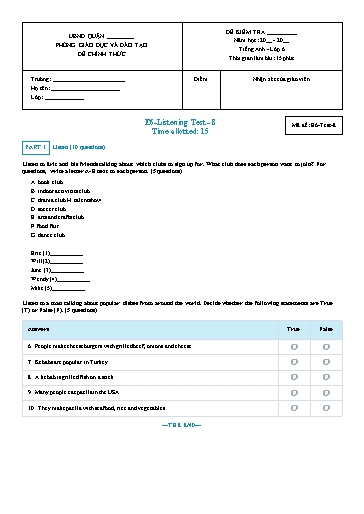 Luyện nghe Tiếng Anh Lớp 6 Global Success - Mã đề: E6-Test-8 (Có file nghe và đáp án)