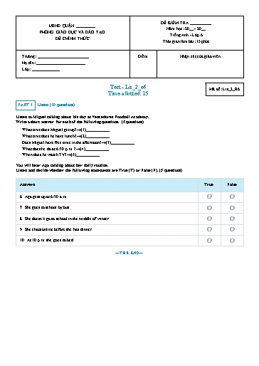 Luyện nghe Tiếng Anh Lớp 6 Global Success - Mã đề: Lis-2-e6 (Có file nghe và đáp án)
