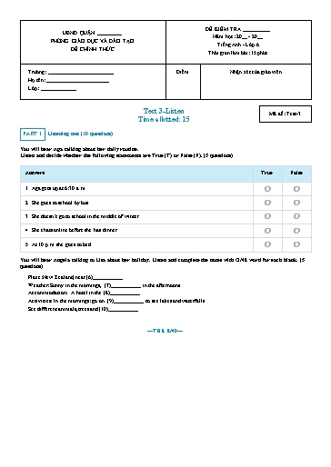 Luyện nghe Tiếng Anh Lớp 6 Global Success - Mã đề: Test-3 (Có file nghe và đáp án)