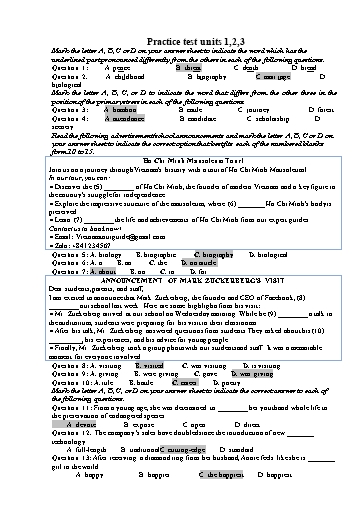 Luyện tập kiểm tra học kì 1 Tiếng Anh Lớp 12 Global Success - Unit 1+2+3 (Có đáp án)