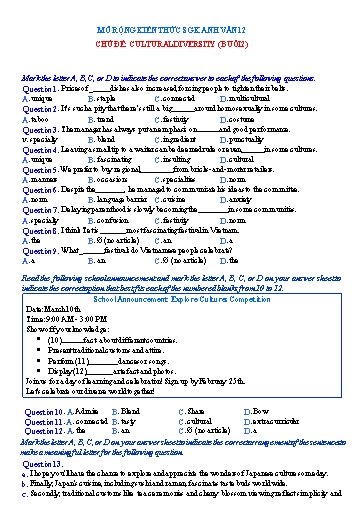 Mở rộng kiến thức Tiếng Anh Lớp 12 Global Success - Chủ đề: Cultural diversity - Buổi 2 (Có đáp án)