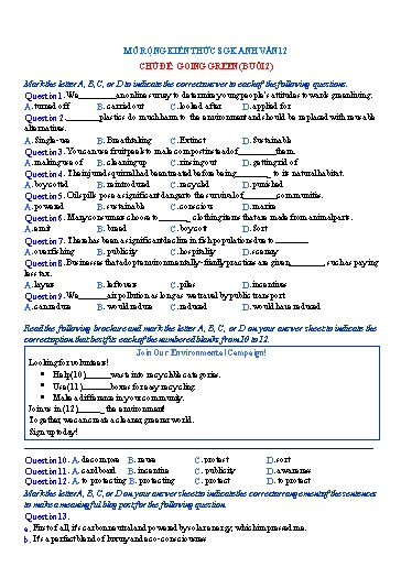 Mở rộng kiến thức Tiếng Anh Lớp 12 Global Success - Chủ đề: Going green - Buổi 2 (Có đáp án)