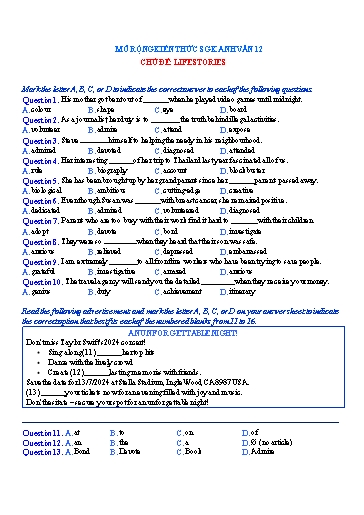 Mở rộng kiến thức Tiếng Anh Lớp 12 Global Success - Chủ đề: Life stories - Buổi 1 (Có đáp án)