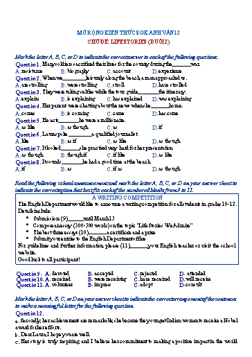 Mở rộng kiến thức Tiếng Anh Lớp 12 Global Success - Chủ đề: Life stories - Buổi 2 (Có đáp án)