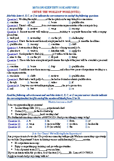 Mở rộng kiến thức Tiếng Anh Lớp 12 Global Success - Chủ đề: The world of work - Buổi 1 (Có đáp án)