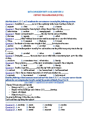 Mở rộng kiến thức Tiếng Anh Lớp 12 Global Success - Chủ đề: Urbanisation - Buổi 1 (Có đáp án)