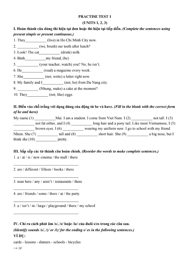 Ngữ pháp và bài tập thực hành Tiếng Anh Lớp 6 Global Success - Bài 1: Unit 1+2+3 (Có đáp án)
