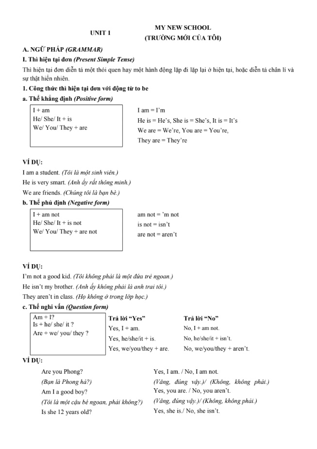Ngữ pháp và bài tập thực hành Tiếng Anh Lớp 6 Global Success - Unit 1: My new school (Có đáp án)