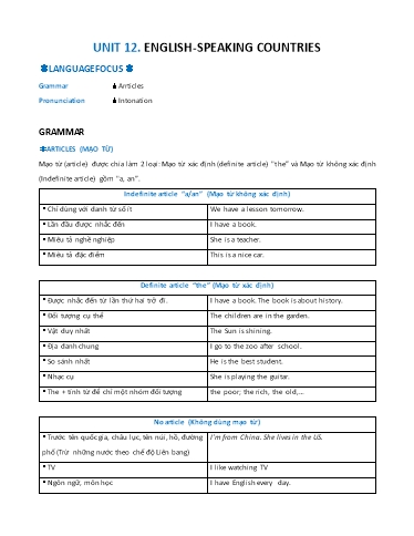 Ngữ pháp và bài tập Tiếng Anh Lớp 7 Global Success - Unit 12: English speaking countries (Có đáp án)
