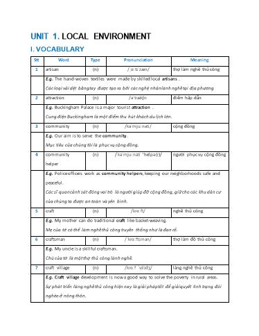 Ngữ pháp và từ vựng chuyên sâu Tiếng Anh Lớp 9 Global Success - Unit 1: Local environment