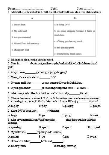 Ôn tập học kì 1 Tiếng Anh Lớp 8 Global Success