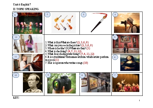 Ôn tập kiểm tra Speaking Tiếng Anh Lớp 7 Global Success - Unit 4: Music and arts