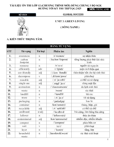 Ôn thi THPT Quốc Gia 2025 Tiếng Anh Lớp 12 - Unit 3: Green living (Có đáp án)