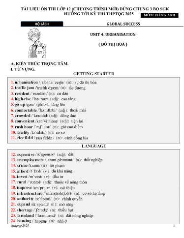 Ôn thi THPT Quốc Gia 2025 Tiếng Anh Lớp 12 - Unit 4: Urbanisation (Có đáp án)