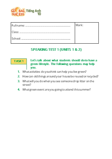 Topic Tiếng Anh Lớp 10 Global Success - Unit 1+2