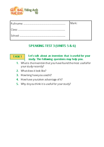 Topic Tiếng Anh Lớp 10 Global Success - Unit 5+6