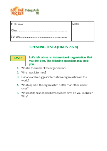 Topic Tiếng Anh Lớp 10 Global Success - Unit 7+8