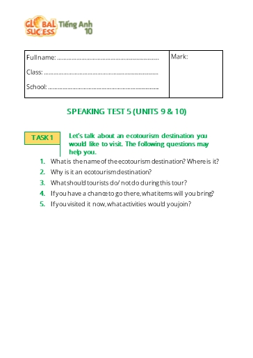 Topic Tiếng Anh Lớp 10 Global Success - Unit 9+10