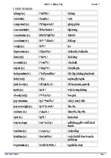 Từ vựng và ngữ pháp Tiếng Anh Lớp 7 Global Success - Unit 2: Health