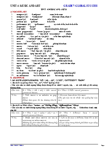 Từ vựng và ngữ pháp Tiếng Anh Lớp 7 Global Success - Unit 4: Music and arts