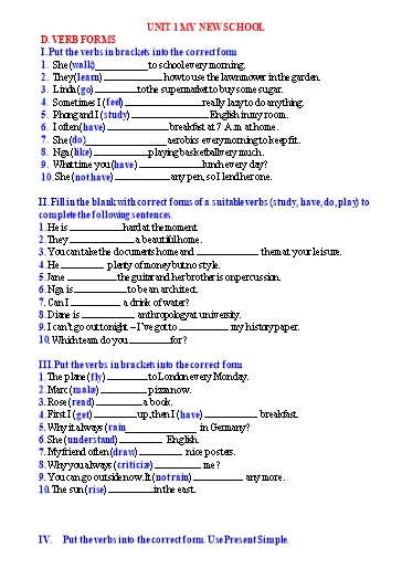 Bài tập bổ trợ Tiếng Anh Lớp 6 Global Success - Phần: Verb form - Unit 1-6 (Có đáp án) Bài tập bổ trợ Tiếng Anh Lớp 6 Global Success - Phần: Verb form - Unit 1-6 (Có đáp án)