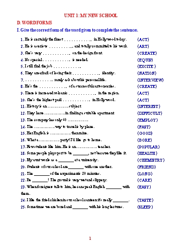 Bài tập bổ trợ Tiếng Anh Lớp 6 Global Success - Phần: Word form - Unit 1-6 (Có đáp án) Bài tập bổ trợ Tiếng Anh Lớp 6 Global Success - Phần: Word form - Unit 1-6 (Có đáp án)