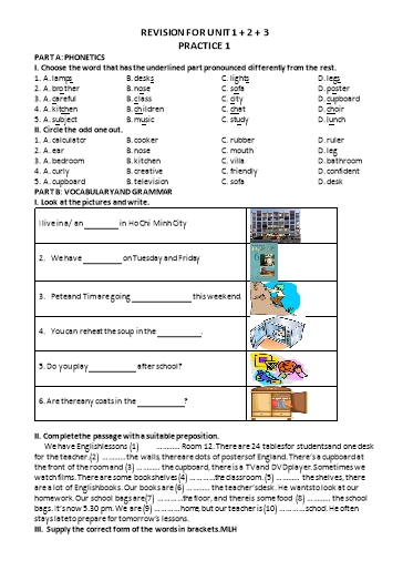 Bài tập bổ trợ Tiếng Anh Lớp 6 Global Success - Revision for unit 1+2+3 (Có đáp án) Bài tập bổ trợ Tiếng Anh Lớp 6 Global Success - Revision for unit 1+2+3 (Có đáp án)
