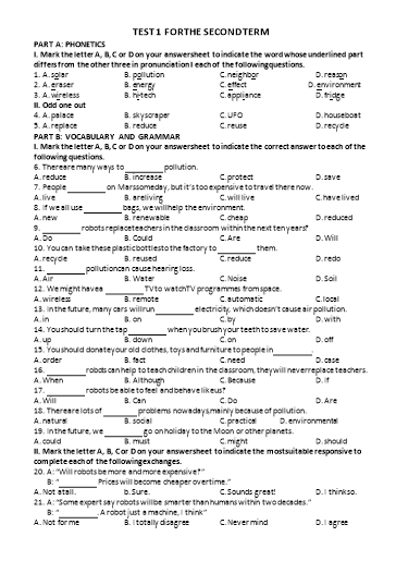 Bài tập bổ trợ Tiếng Anh Lớp 6 Global Success - Test for the second term (Có đáp án)