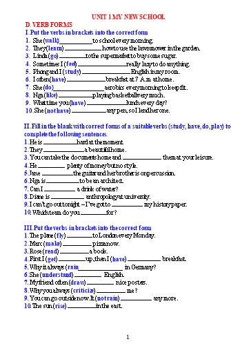 Chuyên đề dạy thêm Tiếng Anh Lớp 6 Global Success (Unit 1-6) - Verb form (Có đáp án)