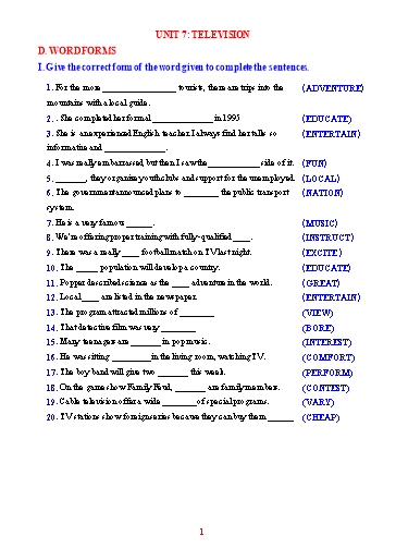 Chuyên đề dạy thêm Tiếng Anh Lớp 6 Global Success (Unit 7-12) - Word form (Có đáp án) Chuyên đề dạy thêm Tiếng Anh Lớp 6 Global Success (Unit 7-12) - Word form (Có đáp án)