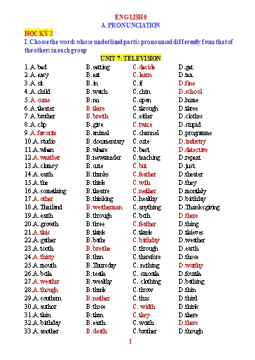 Chuyên đề dạy thêm Tiếng Anh Lớp 6 Global Success (Unit 7-12) - Pronunciation (Có đáp án)