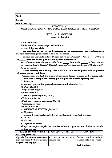 Kế hoạch bài dạy Tiếng Anh Lớp 5 Global Success theo CV2345 - Unit 1: All about me!