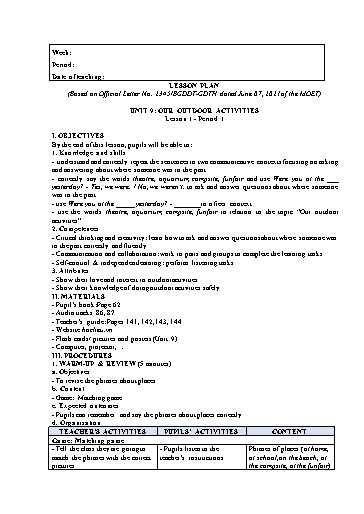 Kế hoạch bài dạy Tiếng Anh Lớp 5 Global Success theo CV2345 - Unit 9: Our outdoor activities