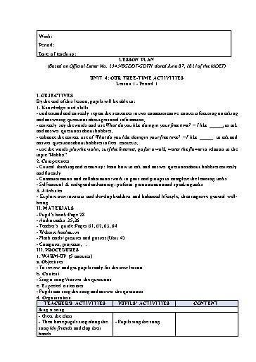 Kế hoạch bài dạy Tiếng Anh Lớp 5 Global Success theo CV2345 - Unit 4: Our free time activities