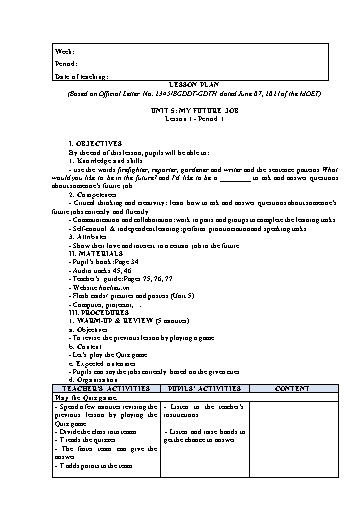 Kế hoạch bài dạy Tiếng Anh Lớp 5 Global Success theo CV2345 - Unit 5: My future job